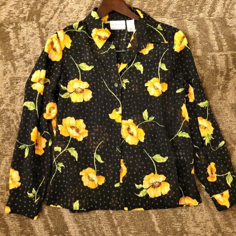 Alfred dunner Womens Floral Semi-sheer Blouse Size 12P Black Yellow Button-Up